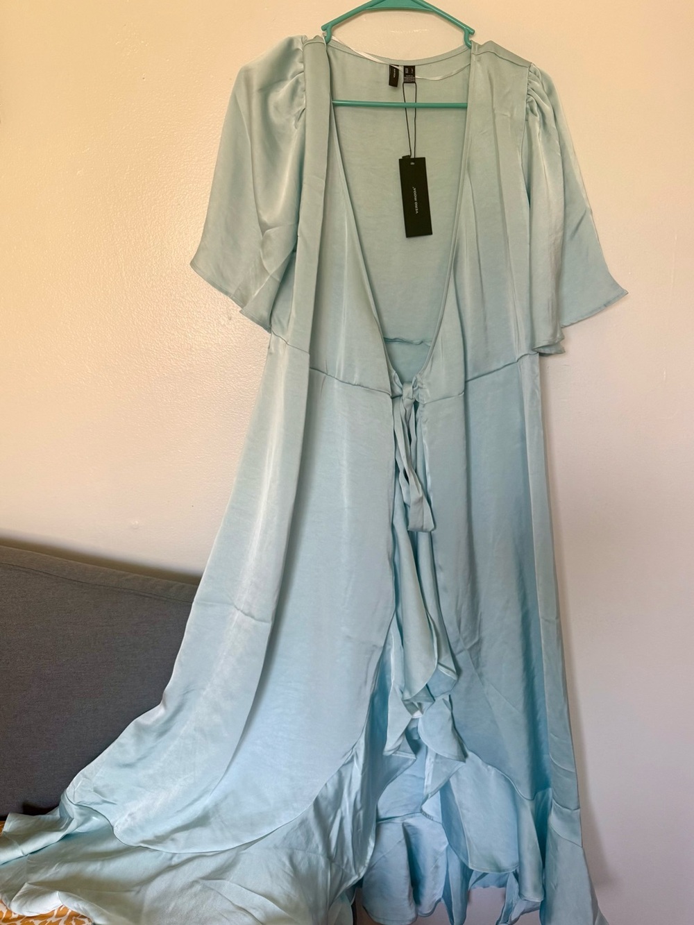 Vero Moda Pale Blue Satin Tie-Front Robe with Ruffle Trim